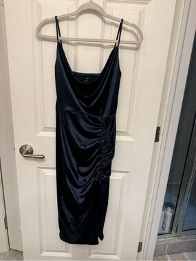 Windsor Navy Satin Cowl Midi Slip Dress with Side Ruching